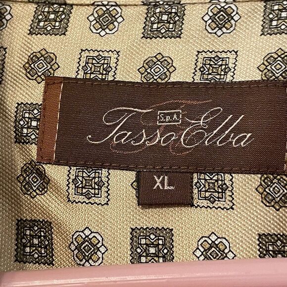 Tasso Elba Mens‎ XL Tan Button Up Shirt Long Sleeve Geometric Silk Blend Casual - Picture 4 of 11